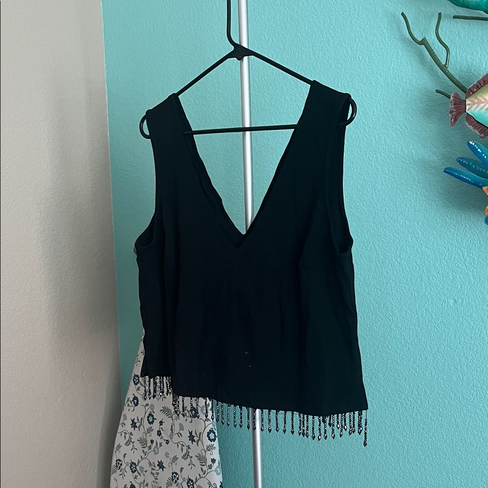 W5 Black Sleeveless Blouse with Beaded Fringe